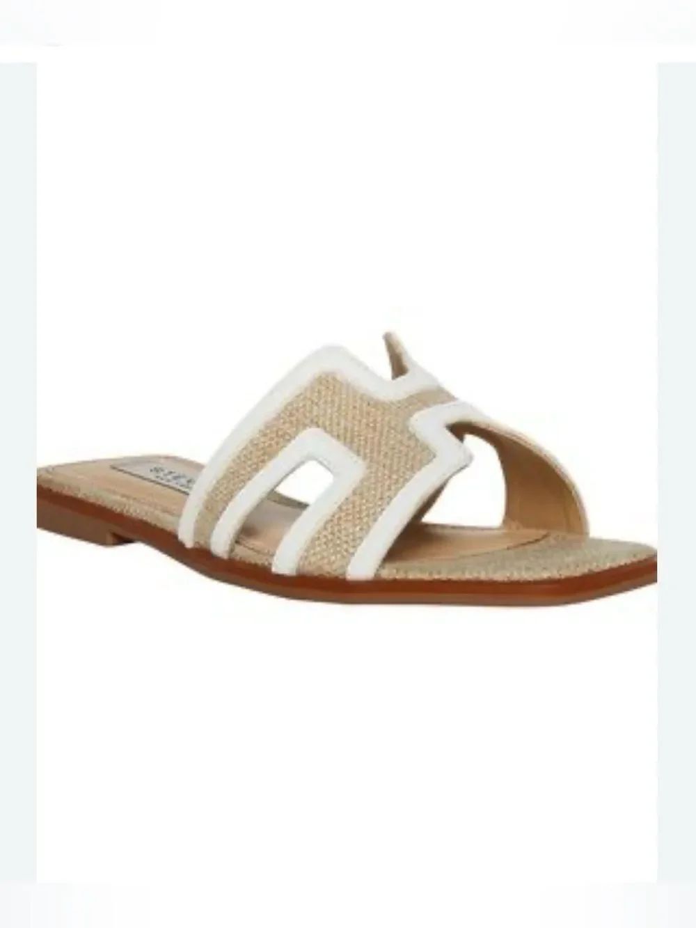 Steven New York EADIE Tan Burlap White Trim H Strap Upper Slide Sandals NEW